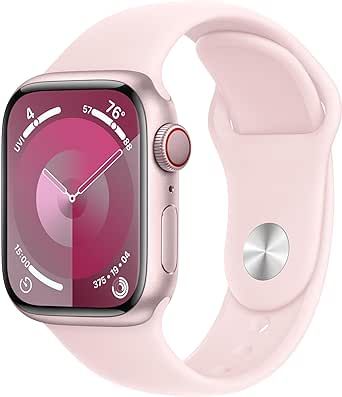 Apple Watch Series 9 [GPS + Cellular 41mm] Smartwatch with Pink Aluminum Case with Pink Sport Band S/M. Fitness Tracker, Blood Oxygen & ECG Apps, Always-On Retina Display