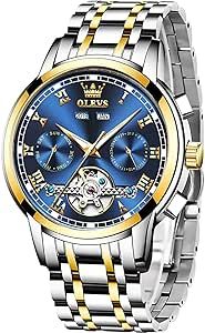 OLEVS Mens Self Winding Watches, Skeleton Tourbillon Design Mechanical Wrist Watch, Automatic Stainless Steel Watches Day Date, Waterproof Luminous Men's Watch Roman Numerals [Blue/Green/Black Dial]