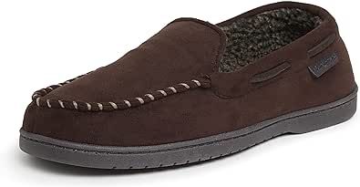 Dearfoams Men's Microsuede Moccasin with Whipstitch Slipper, Coffee, Small